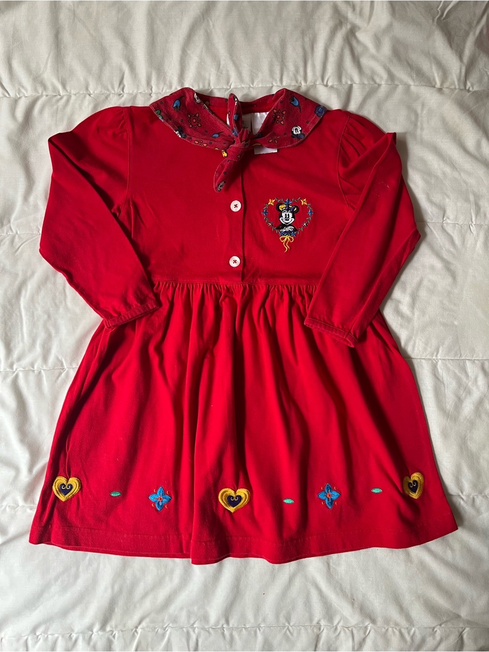 Disney Red Long-Sleeve Dress with Embroidered Minnie and Hearts